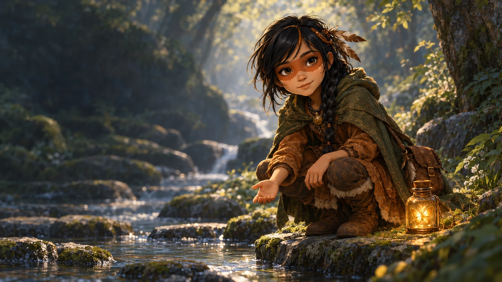 Tinka crouches beside a woodland stream with her glowing butterfly lantern